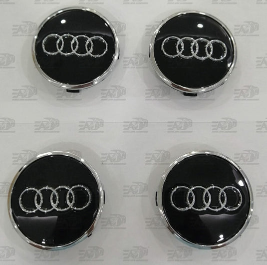 Audi gloss black with silver ring center caps set 61mm