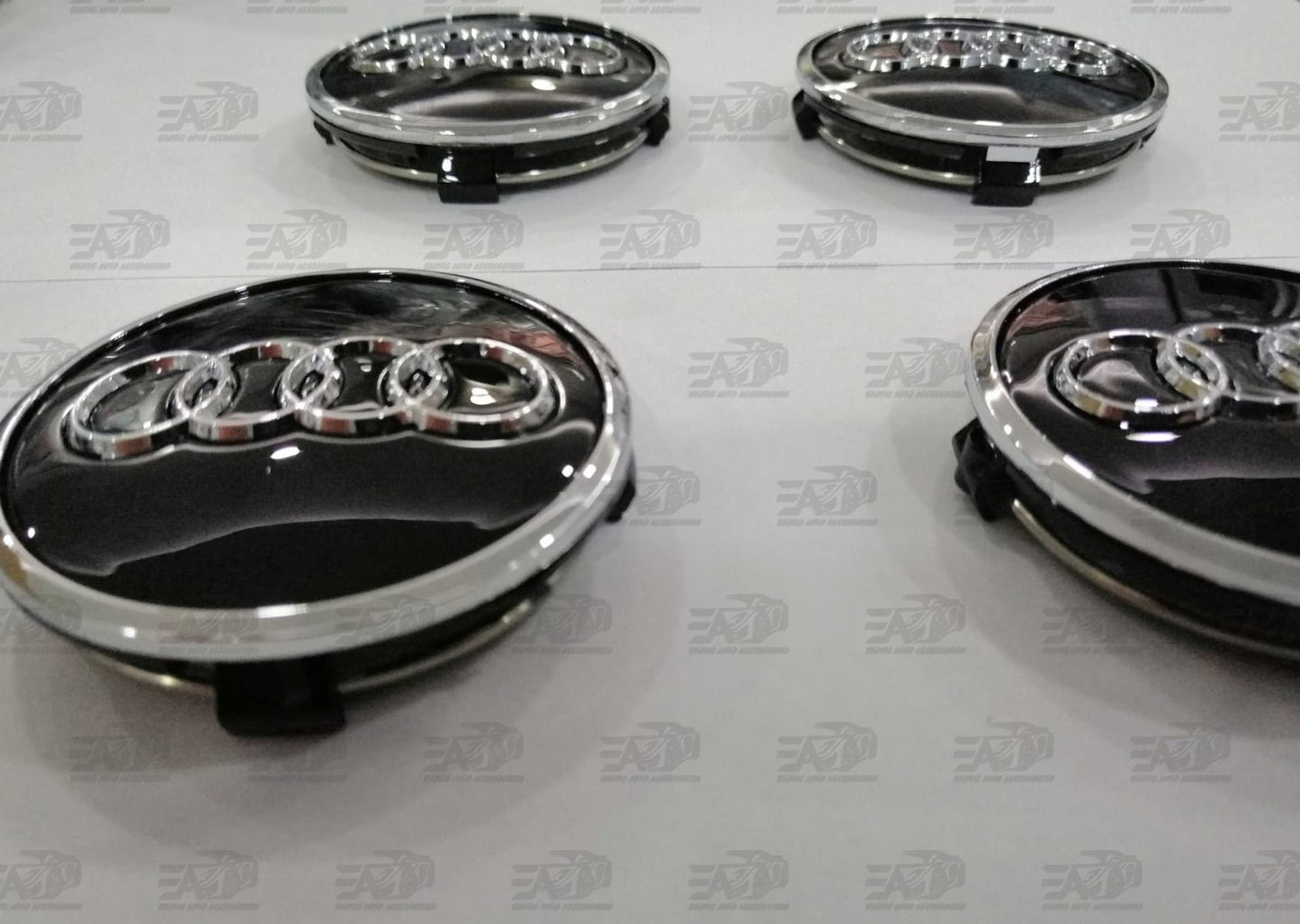 Audi gloss black with silver ring center caps set 61mm