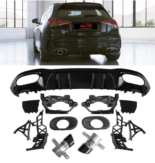 A-Class W177 gloss black 2-pipe diffuser with black AMG tailpipes